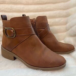 Faux Leather Brown Ankle Boots with Strap Detail